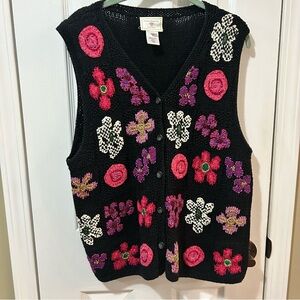 VTG Susan Bristols Casuals Sweater Vest Women's XL Black Floral Button 90s Y2K